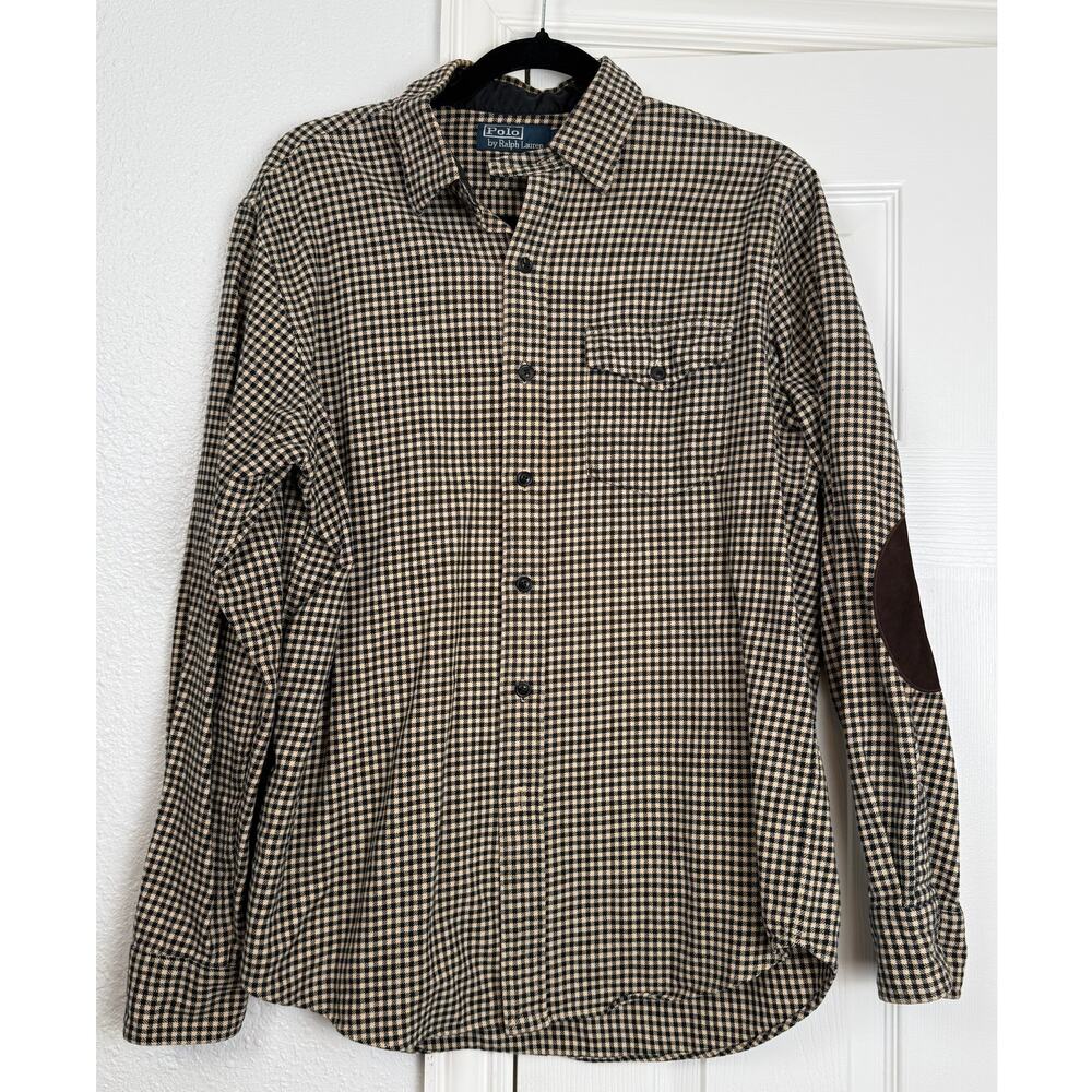 Polo Ralph Lauren Men’s L Gingham Flannel Shirt Leather Elbow Patches
